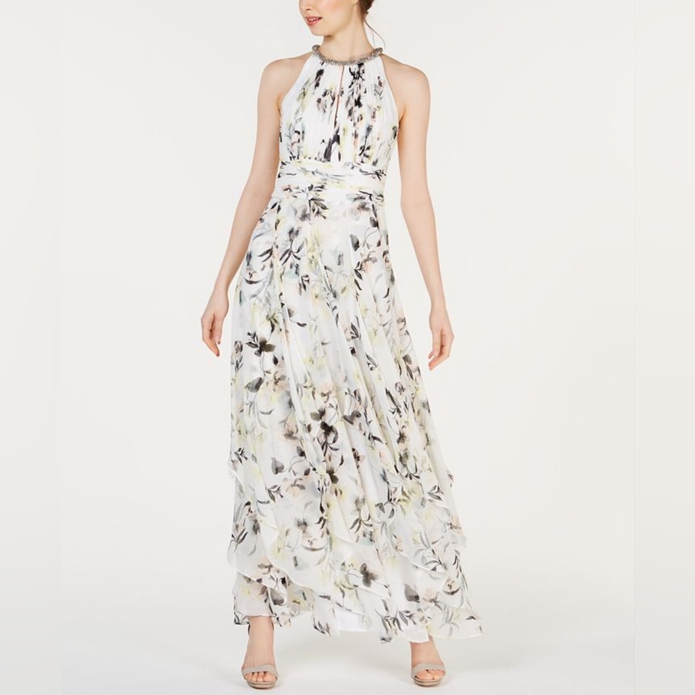 Calvin Klein Floral Print Halter Tiered Gown
